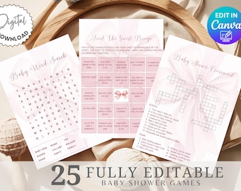 Plantilla de juegos para baby shower con lazo rosa, paquete de juegos con cinta rosa, plantilla de juegos para baby shower "Coqueta rosa", juegos editables para baby shower de niña