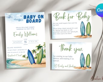 Bebé a bordo plantilla de conjunto de invitación de baby shower, conjunto de invitación de baby shower de tabla de surf, paquete de invitación de baby shower de verano, tema de playa