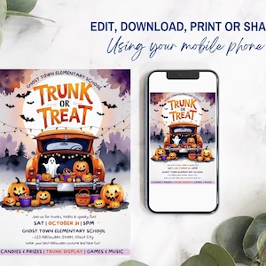 Puede incluir: Un folleto con tem&aacute;tica de Halloween y un tel&eacute;fono inteligente muestran un evento "Trunk or Treat". El folleto presenta un cami&oacute;n naranja lleno de calabazas y fantasmas. El texto dice "Editar, descargar, imprimir o compartir usando tu tel&eacute;fono m&oacute;vil."
