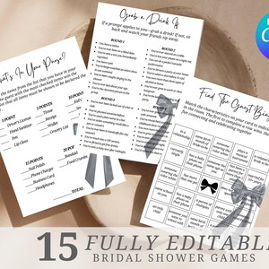 Editable Black Bow Bridal Shower Games Bundle, She&#39;s Tying The Knot Bridal Shower Games Template, Minimalist Black Bow Bridal Shower Games