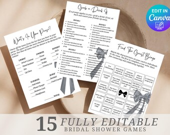 Editable Black Bow Bridal Shower Games Bundle, She's Tying The Knot Bridal Shower Games Template, Minimalist Black Bow Bridal Shower Games