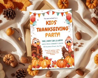 Plantilla editable de invitación de Acción de Gracias para niños, linda invitación de pavo para fiesta de la cosecha de otoño, imprimible para fiesta de Acción de Gracias de otoño