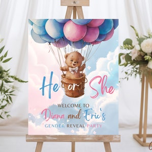 Bear Gender Reveal Welcome Sign Template, Editable Baby Bear Gender Reveal Welcome Sign, Hot Air Balloon Gender Reveal Welcome Sign