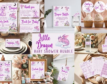 Dragon Girl Baby Shower Bundle, Purple Dragon Shower Bundle, Cute Dragon Baby Girl Shower Set, Fantasy Dragon Baby Shower Set and Decor