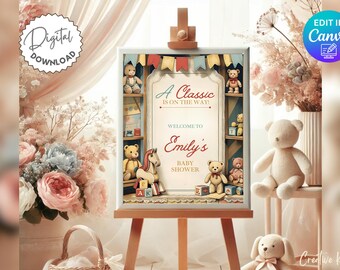 Vintage Baby Shower Welcome Sign Template, Classic Baby Shower Sign, Vintage Toy Baby Shower, Wooden Toy Baby Shower, Retro Baby Shower