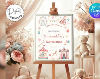 Come One Come All Baby Shower Welcome Sign Template, Carnival Baby Shower Decor, Circus Fair Baby Shower, Gender Neutral, Editable Canva