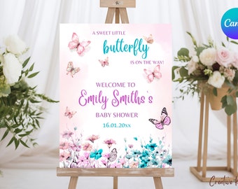 Schmetterling Baby Shower Willkommensschild Vorlage, Baby Girl Schmetterling Baby Shower Willkommensschild, Schmetterling und Wildblume Baby Shower Sign