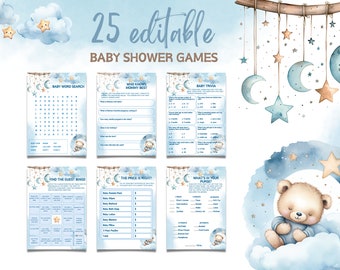 Editable Blue Bear Baby Shower Games Bundle, Blue Bear Boy Baby Shower Games, Stars and Moon Baby Shower Games, We Can Bearly Wait Baby Game