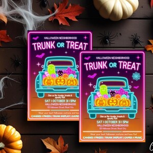 May include: Two Halloween-themed posters with a neon-style design. The posters read "TRUNK OR TREAT" and feature a truck filled with pumpkins, ghosts, and a black cat. The background includes pumpkins, leaves, and spiders.