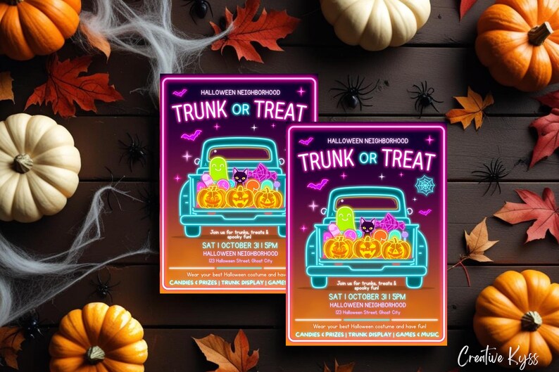 May include: Two Halloween-themed posters with a neon-style design. The posters read "TRUNK OR TREAT" and feature a truck filled with pumpkins, ghosts, and a black cat. The background includes pumpkins, leaves, and spiders.