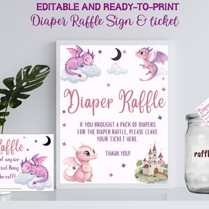Plantilla para cartel de rifa de pañales para baby shower con diseño de dragón, boleto de rifa de pañales para baby shower con diseño de un pequeño dragón, juego de rifa de pañales para bebé niño con diseño de dragón