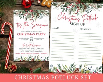 May include: A Christmas party invitation and potluck sign-up sheet. The invitation reads "Tis the Season!" with event details. The sign-up sheet is for a Christmas potluck. Both have watercolor greenery and red accents.