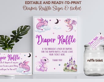Dragon Baby Girl Shower Diaper Raffle Sign Template, A Little Dragon Baby Shower Diaper Raffle Ticket, Purple Dragon Diaper Raffle Game