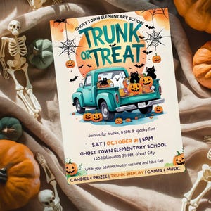 May include: A Halloween poster featuring a teal pickup truck filled with pumpkins, ghosts, and black cats. The text says "Trunk or Treat" with event details. Pumpkins and skeletons decorate the scene.