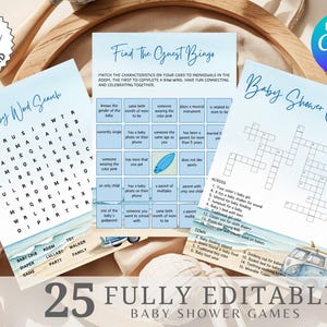 Baby On Board Baby Shower Games Template, Summer Baby Shower Games Bundle, Surfboard Baby Shower Games Set, Surf Beach Baby Shower Games