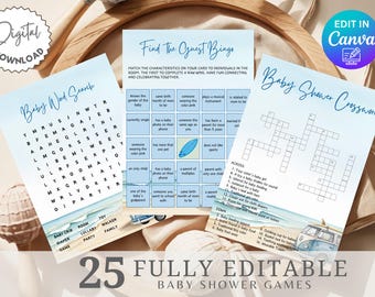 Baby On Board Baby Shower Games Template, Summer Baby Shower Games Bundle, Surfboard Baby Shower Games Set, Surf Beach Baby Shower Games