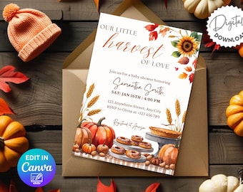 Harvest of Love Baby Shower Invitation Template, Autumn Baby Shower Invite, Fall Gender Reveal Invitation, Rustic Fall Baby Shower Invite