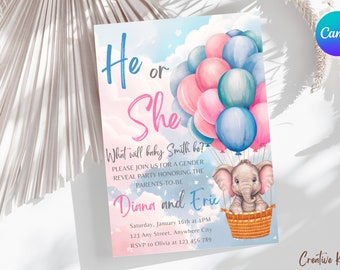 Elephant Gender Reveal Invitation Template, Baby Elephant Gender Reveal Invite, Hot Air Balloon Gender Reveal Invitation, He or She Invite