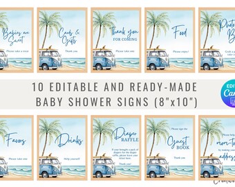 May include: Ten baby shower signs with a beach theme. Each sign features a blue VW van with a surfboard on top, palm trees, and text such as "Babies are Sweet" and "Photo Booth." The signs are 8" x 10".
