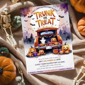 May include: A Halloween-themed flyer with the text "Trunk or Treat" features an orange truck filled with pumpkins and a ghost. The flyer is surrounded by pumpkins, skeletons, and decorative gourds. The event is on October 31st.