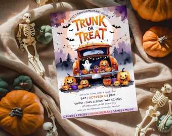 Trunk or Treat Invitation Template, Editable School Trunk or Treat Flyer, Halloween Trick or Treat Invite, Neighborhood Halloween Party