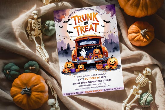 Trunk or Treat Invitation Template, Editable School Trunk or Treat Flyer, Halloween Trick or Treat Invite, Neighborhood Halloween Party