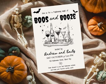 Boos and Booze Halloween Party Invitation Template, Vintage Halloween Cocktail Party Invite, Spooky Halloween Party Canva Template