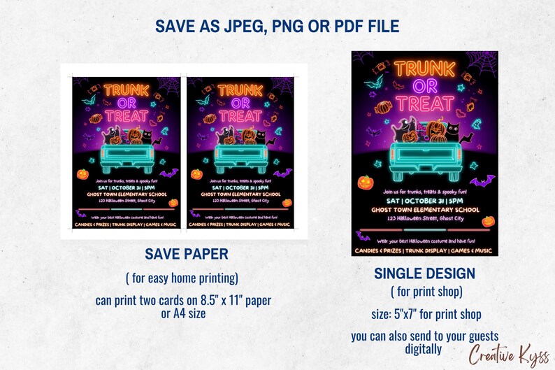 May include: Halloween-themed flyer with a teal truck carrying pumpkins and cats, the words "Trunk or Treat" in neon. Includes event details: date, time, and location. Text at the bottom says "Candies, Prizes, Trunk Display, Games & Music."