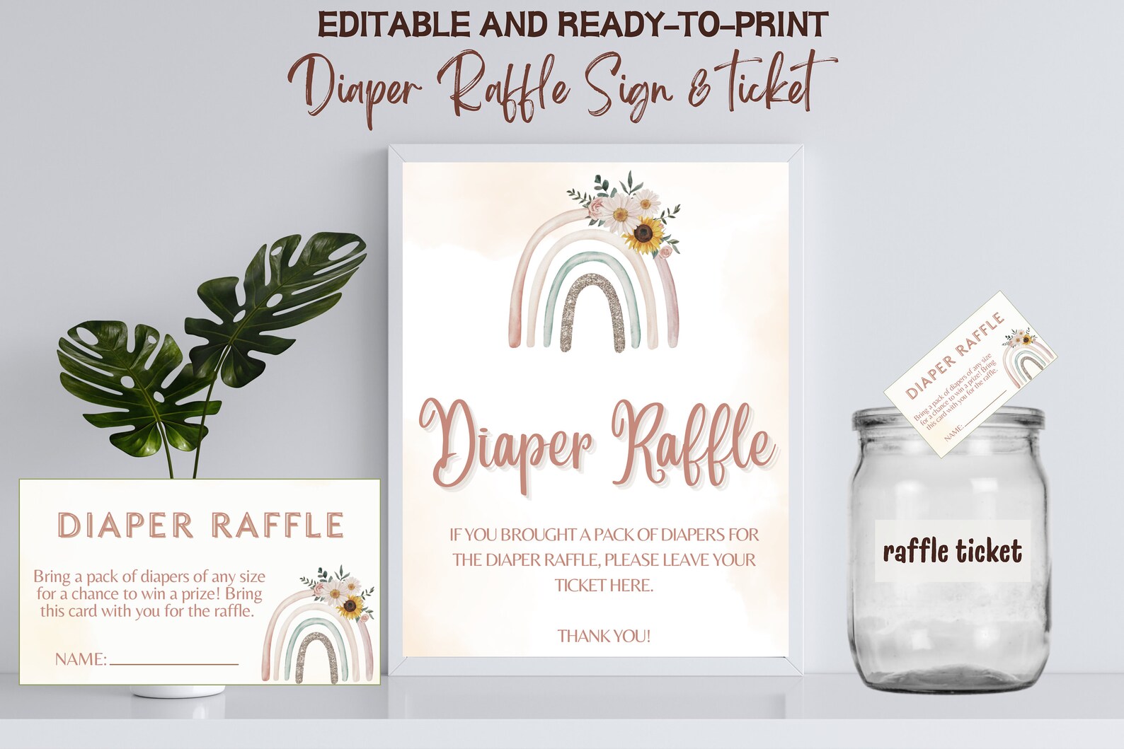 Boho Rainbow Baby Shower Diaper Raffle Sign and Ticket, Boho Baby ...