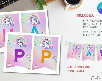 Estandarte de cumpleaños de unicornio arco iris pastel / estandarte de cumpleaños de unicornio editable, estandarte de cumpleaños de destellos de arco iris de unicornio, unicornio arco iris pastel