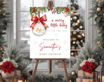 Modèle de plaque de bienvenue joyeux petit baby shower, décoration de shower de bébé Noël, ornement noeud rouge modifiable, panneau de baby shower hiver