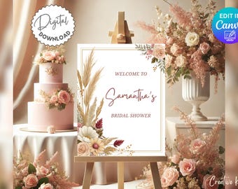 Boho Bridal Shower Welcome Sign Template, Boho Flower Bridal Shower Welcome Sign, Pampas Bridal Shower, Editable Floral Bridal Shower Decor
