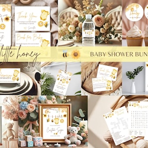Może przedstawiać: Zestaw na baby shower z motywem "a little honey". Projekt obejmuje zaproszenia, kartki z podziękowaniami i dekoracje z pszczołami, słonecznikami i ubrankami dla dzieci. Kolorystyka jest żółta i złota.