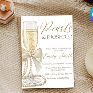 Perlen und Prosecco Brautparty-Einladungs-Schablone, weiße Perle Brautparty einladen, elegante Brautparty einladen, weiße Bogen-Hochzeit