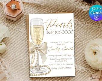 Pearls and Prosecco Bridal Shower Invitation Template, White Pearl Bridal Shower Invite, Elegant Bridal Shower Invite, White Bow Wedding