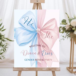 Bow Gender Reveal Welcome Sign Template, Pink and Blue Ribbon Gender Reveal, Minimalist Gender Reveal Decor, Coquette Gender Reveal Sign