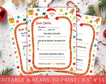 Plantilla editable de carta a Papá Noel, lista de deseos navideños para niños, página imprimible de "Querido Papá Noel", carta navideña para niños