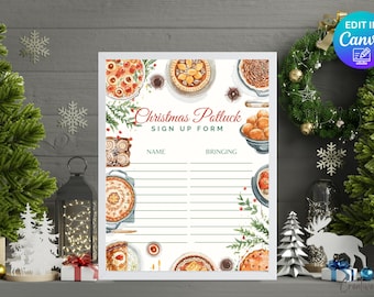 Puede incluir: Un formulario blanco de inscripción para una comida compartida navideña con ilustraciones de acuarela de varios platos. El formulario incluye espacios para nombres y lo que la gente trae. Las palabras "Christmas Potluck Sign Up Form" están escritas en rojo.