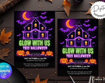 Neon Glow Halloween Party Invitation Template, Spooky After Dark Blacklight Party, Editable Halloween Glow Party Flyer, Spooky After Dark