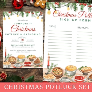 以下が含まれることがあります： クリスマス ポットラック セット。サインアップフォームと招待状が含まれています。招待状には「Community Christmas Potluck & Gathering」と日付と時間の詳細が記載されています。サインアップフォームには名前と料理のスペースがあります。お祝いのデザインと食べ物のイラスト。