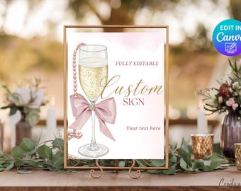 Pearls and Prosecco Bridal Shower Custom Sign Template, Editable White Pearl Bridal Shower Table Sign, White Bow Bridal Shower Custom Sign