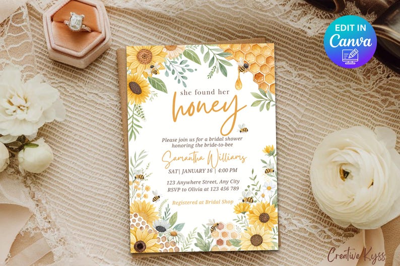 May include: A bridal shower invitation with a watercolor illustration of sunflowers, honeycombs, and bees. The text reads "She found her honey" and includes the bride-to-be's name, date, time, and RSVP information.