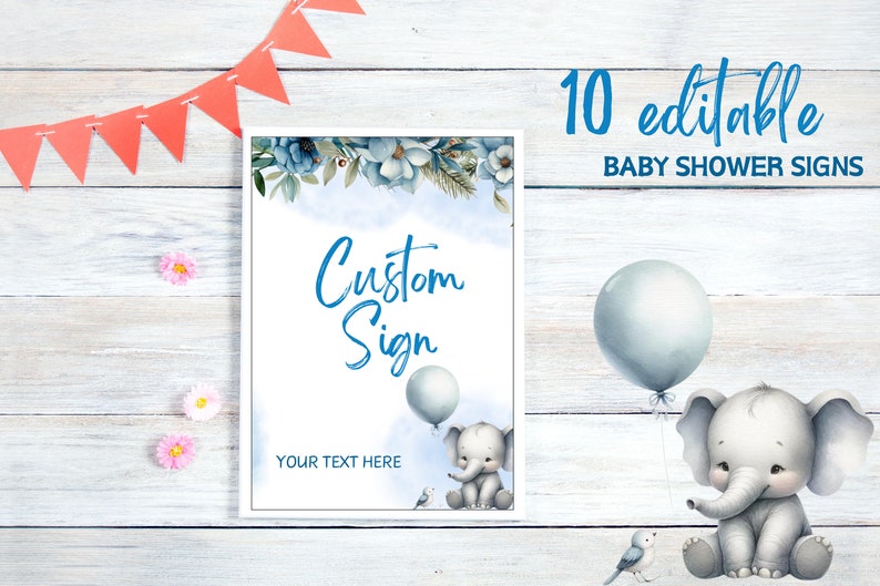 Blue Elephant Sign Editable Elephant Baby Shower Custom Sign Template, Baby Boy Elephant ...