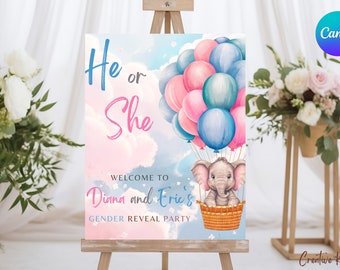 Elephant Gender Reveal Welcome Sign Template, Baby Elephant Gender Reveal Welcome Sign, Hot Air Balloon Gender Reveal Welcome Sign