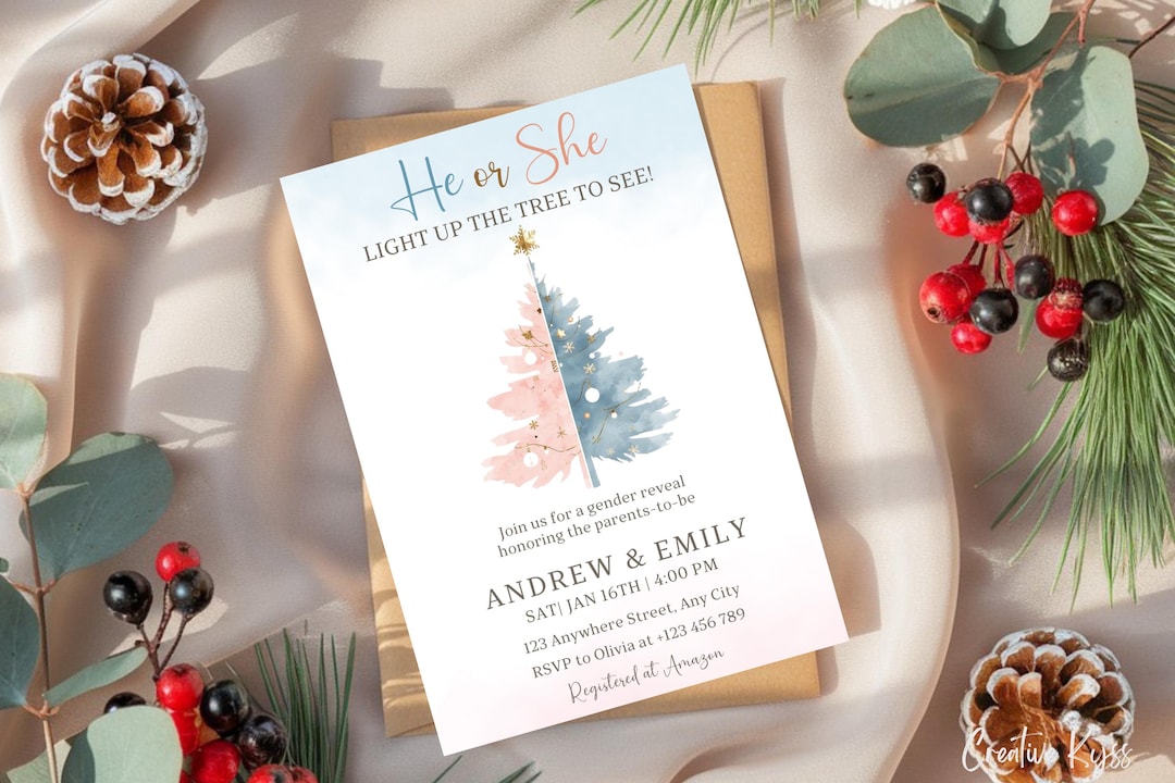 Christmas Tree Gender Reveal Invitation Template, He or She Light up ...