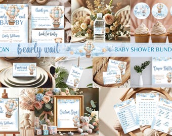 We Can Bearly Wait Baby Shower Bundle, Bear In Hot Air Balloon Baby Shower Invitation Bundle, Boy Bear Baby Shower  Bundle, Blue Bear Bundle