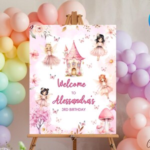 Plantilla editable de letrero de bienvenida de cumpleaños de hadas / Letrero de bienvenida de cumpleaños de cuento de hadas mágico, plantilla editable de letrero de bienvenida de hadas rosas