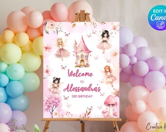 Bearbeitbare Fee Geburtstag Willkommensschild Vorlage | Magisches Märchen Geburtstag Willkommensschild, Rosa Feen Bearbeitbare Willkommensschild Vorlage