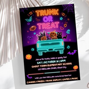 May include: A black Halloween-themed invitation with neon orange and purple text that reads "TRUNK OR TREAT". The invitation features a teal truck bed filled with pumpkins, ghosts, and a black cat. Additional text includes event details.