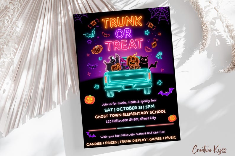 May include: A black Halloween-themed invitation with neon orange and purple text that reads "TRUNK OR TREAT". The invitation features a teal truck bed filled with pumpkins, ghosts, and a black cat. Additional text includes event details.